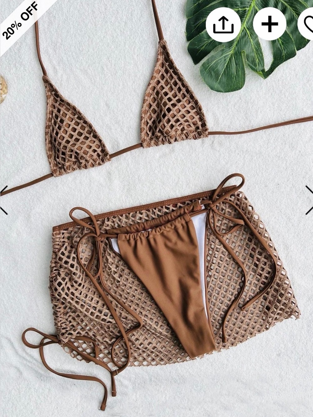 NWT SHEIN Brown Crochet Triangle Bikini Set with Skirt Cover